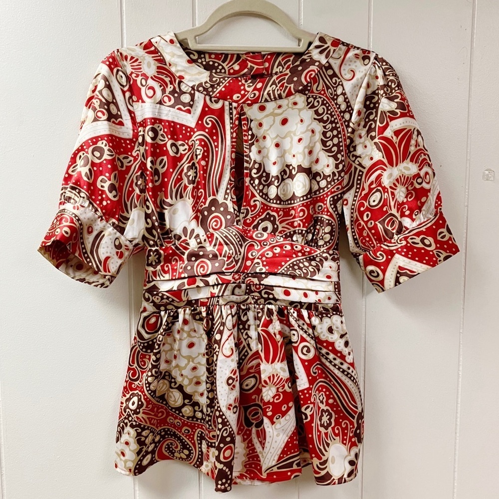 Y2K BCBGMAXAZRIA Floral Blouse Satin Puff Sleeve SZ Medium Whimsical Feminine